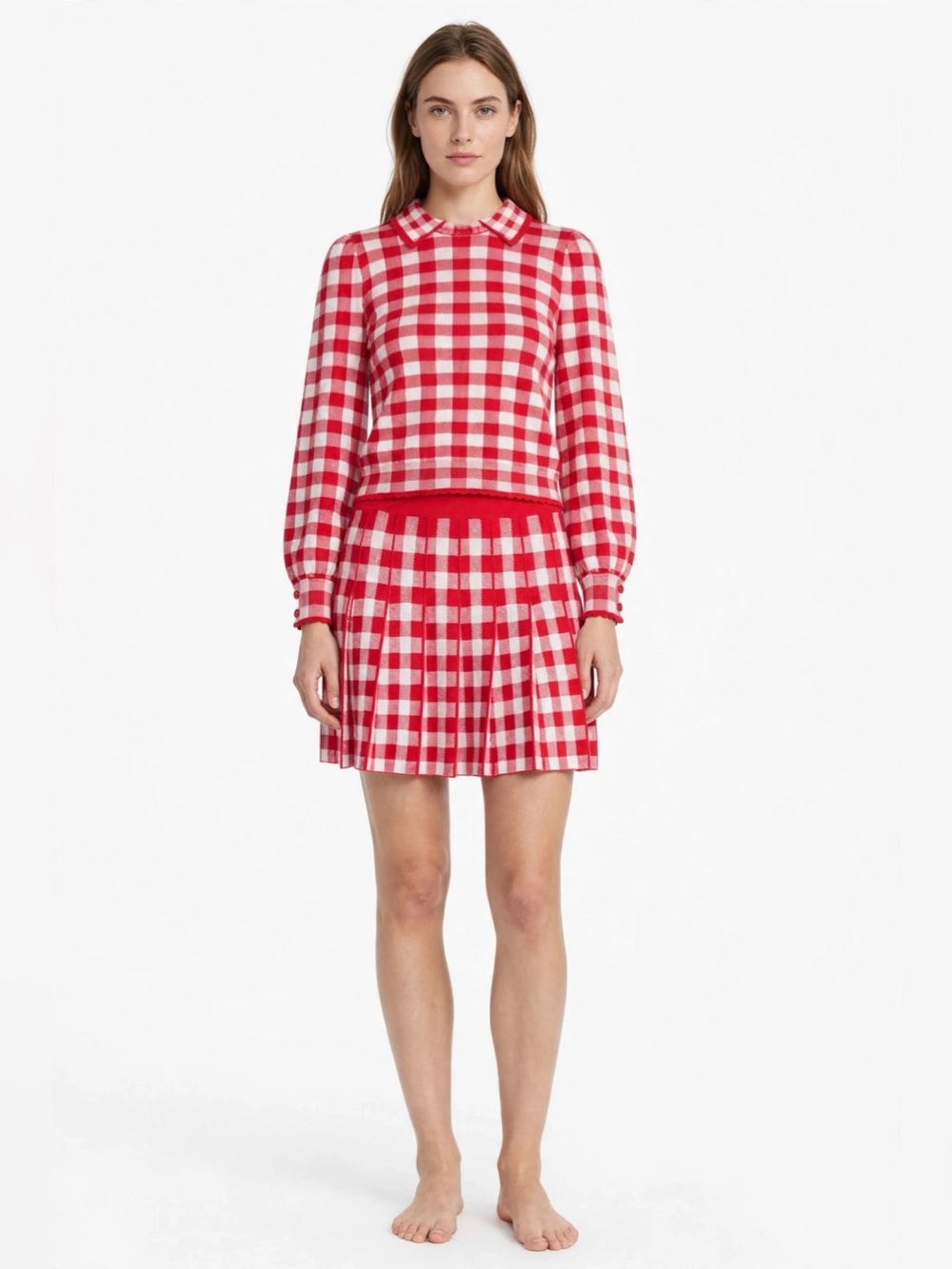 Free Assembly, Red & White Gingham Knit Collared Sweater and A-line Skirt Set, L